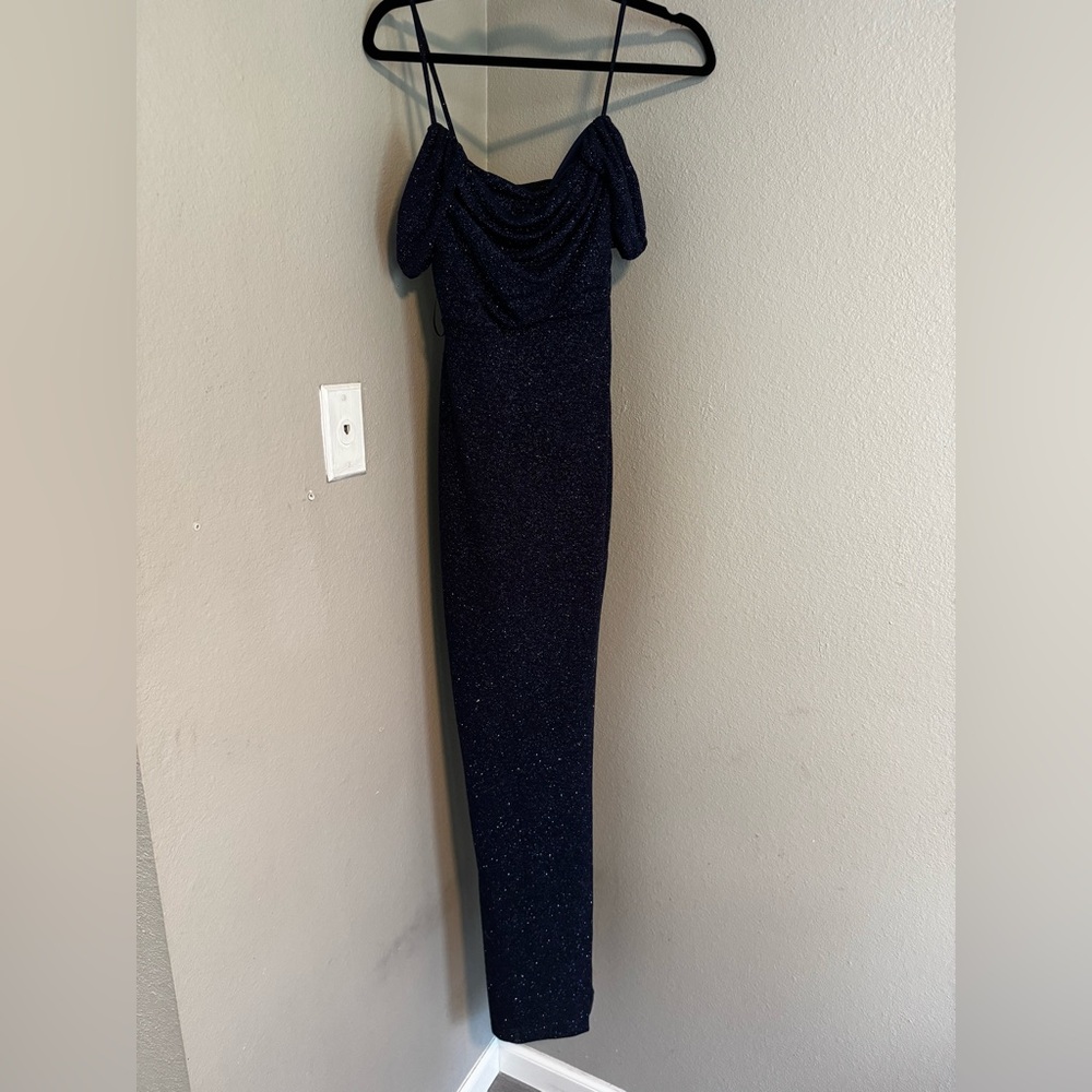 Blue glitter off the shoulder dress with split